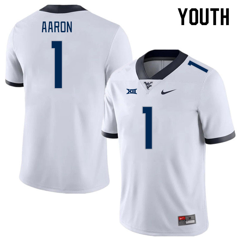 Youth #1 Jeremiah Aaron West Virginia Mountaineers College Football Jerseys Stitched Sale-White - Click Image to Close